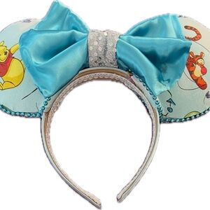 Aqua Satin Minnie Ears Headband with Pooh & Tigger Print